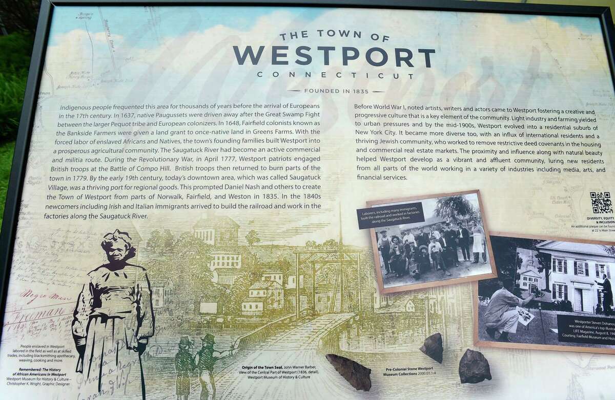 New inclusive historical markers, provided by the Town of Westport, the Westport Museum of History and Culture and TEAM Westport, in behindTown Hall, Thursday July 29, 2021, in Westport, Conn.