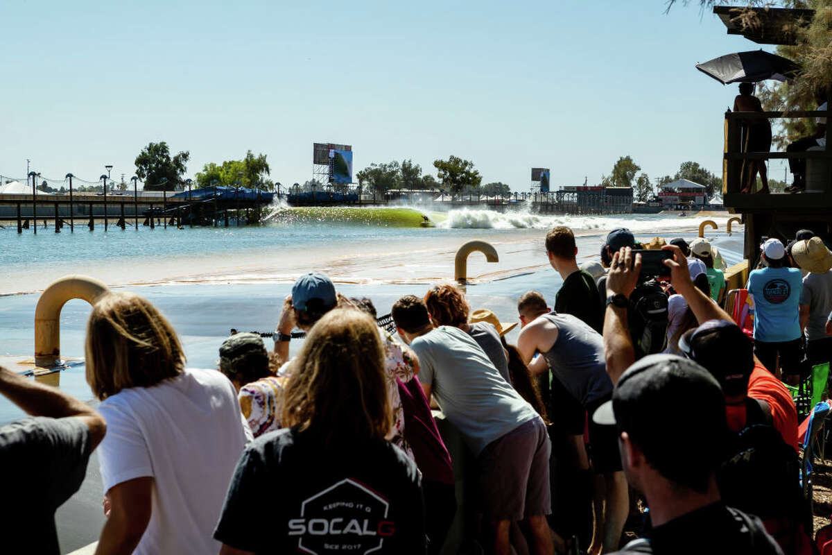 Kelly Slater surfing at his Surf Ranch wave pool in Lemoore, Calif.