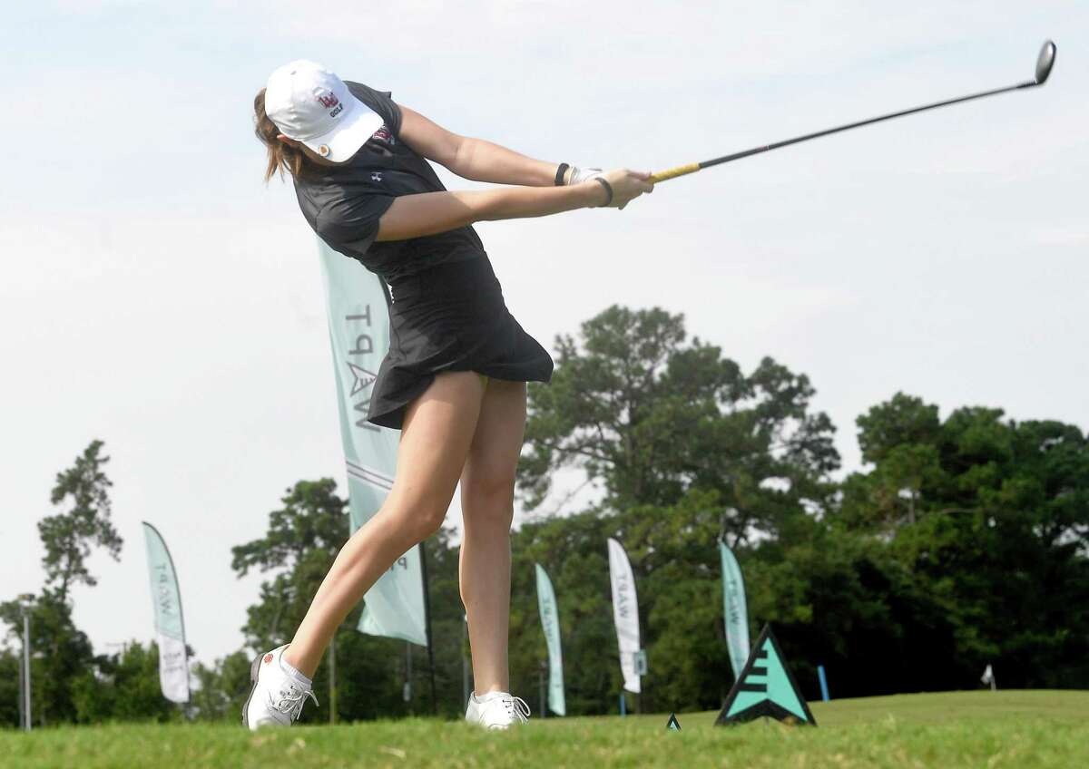 Lamar's Alessia Trebbi-Tindall tees off during the Women's All Pro Tour golf tournament at the Beaumont Country Club Tuesday. Several local and regional golfers competed in the event. Photo made Tuesday, July 27, 2021 Kim Brent/The Enterprise