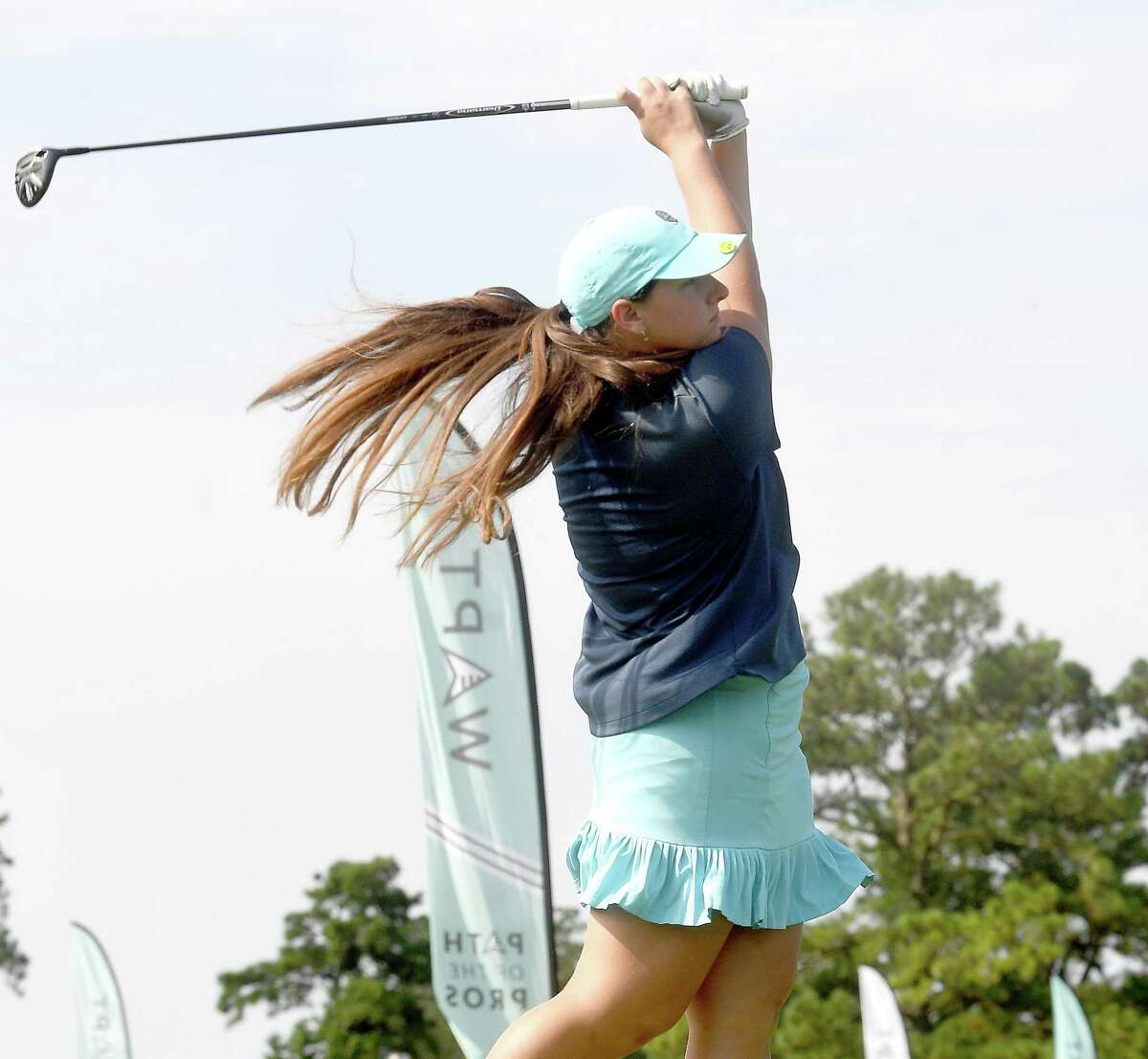 Orange's Montana DiLeo tees off during the Women's All Pro Tour golf tournament at the Beaumont Country Club Tuesday. Several local and regional golfers competed in the event. Photo made Tuesday, July 27, 2021 Kim Brent/The Enterprise