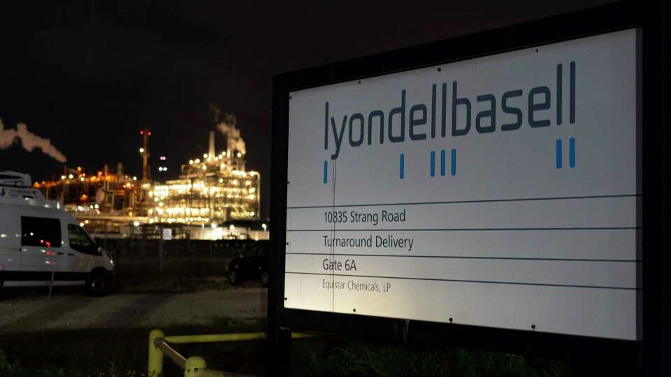 This Tuesday, July 27, 2021 photo shows the entrance of the LyondellBasell facility in La Porte, Texas. An explosion Tuesday evening killed two people at the facility and left several others injured. (Mark Mulligan/Houston Chronicle via AP)