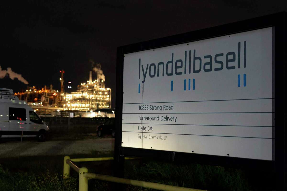 This Tuesday, July 27, 2021 photo shows the entrance of the LyondellBasell facility in La Porte, Texas. An explosion Tuesday evening killed two people at the facility and left several others injured. (Mark Mulligan/Houston Chronicle via AP)