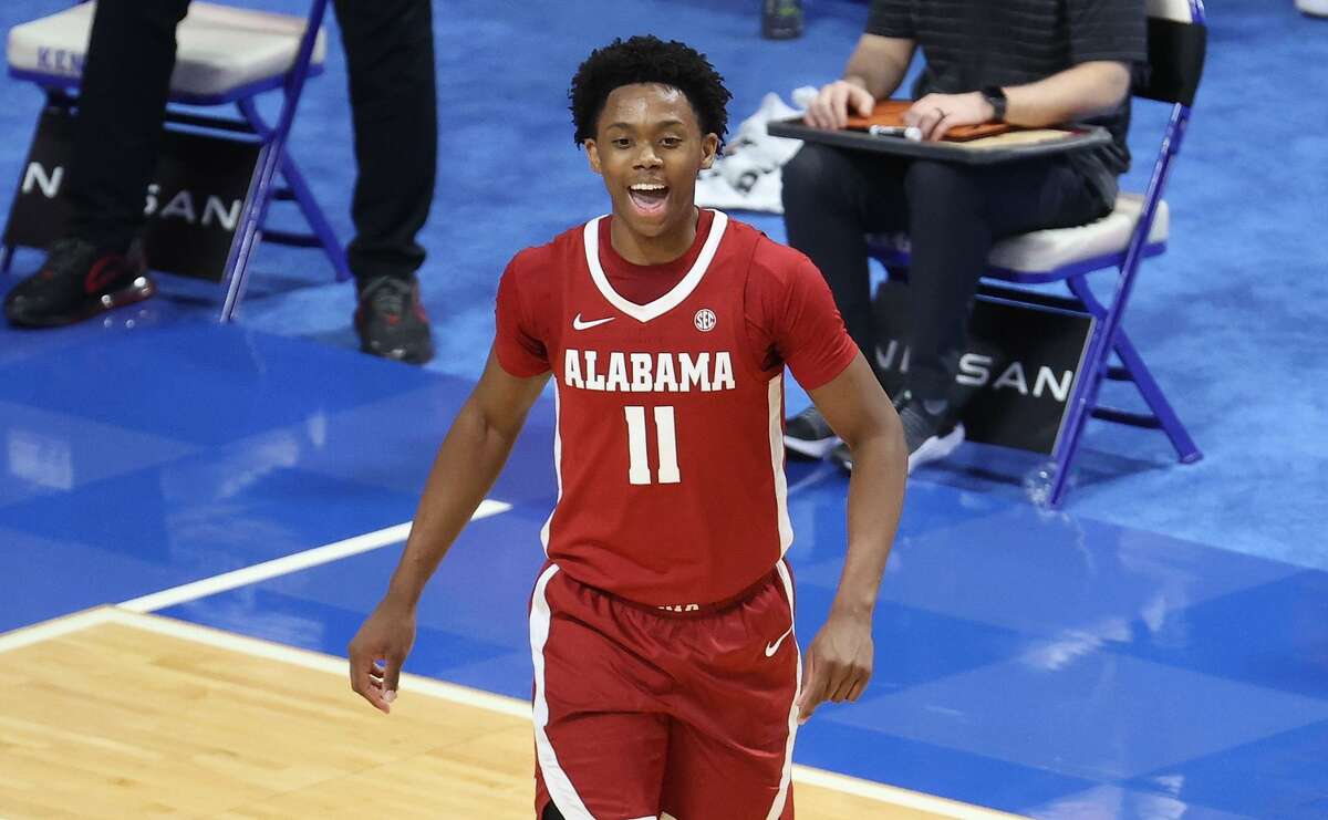 Joshua Primo #11 of the Alabama Crimson Tide celebrates during the 85-65 win over the Kentucky Wildcats at Rupp Arena on January 12, 2021 in Lexington, Kentucky. (Photo by Andy Lyons/Getty Images)
