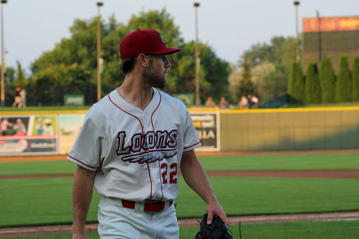 Loons pitcher Andrew Shaps walks off the field after the fourth inning against West Michigan on July 29 at Dow Diamond