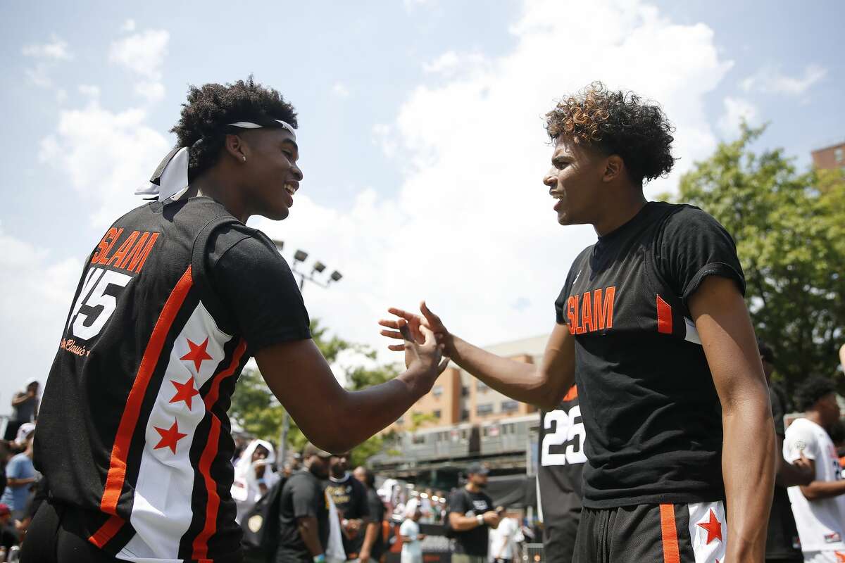 Josh Christopher (left) and Jalen Green (right) shown here at the SLAM Summer Classic in 2019 at New York City's Dyckman Park, are good friends and now are both members of the Houston Rockets.