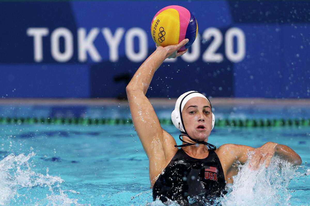 TOKYO, JAPAN - JULY 30: Maggie Steffens of Team United States during the Women's Preliminary Round Group B match between the United States and Team ROC on day seven of the Tokyo 2020 Olympic Games at Tatsumi Water Polo Centre on July 30, 2021 in Tokyo, Japan. (Photo by Harry How/Getty Images)