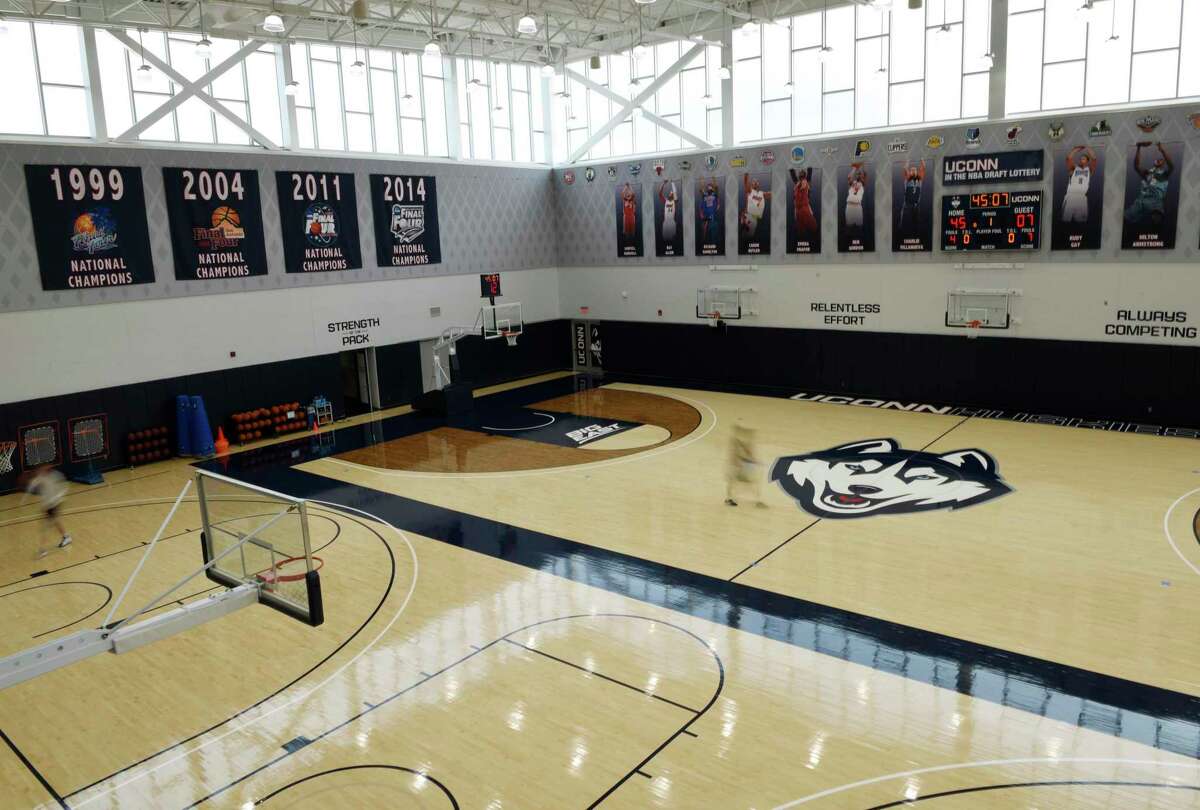 The court at the men's basketball practice facility in the Werth Family UConn Basketball Champions Center on the UConn main campus in Storrs.