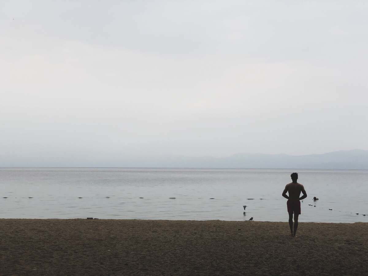 The smoke from nearby wildfires erased the horizon at Lake Tahoe.