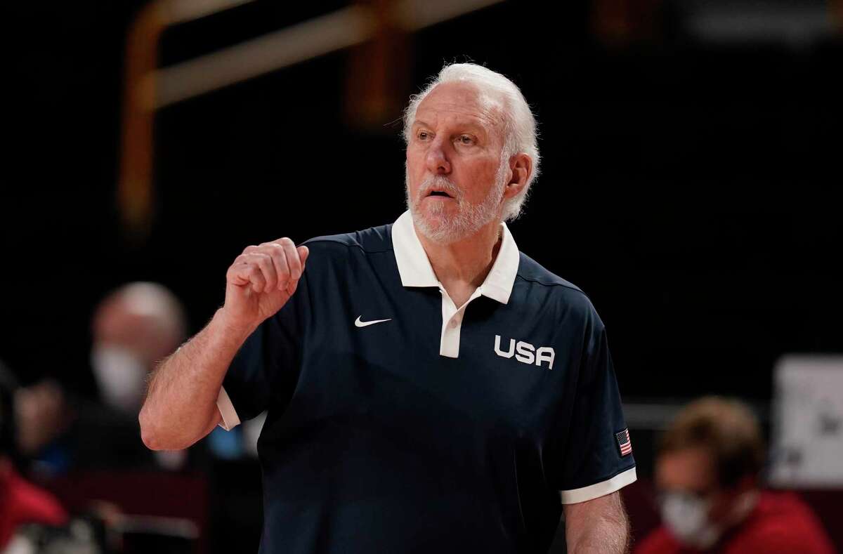 United States' head coach Gregg Popovich reacts during men's basketball preliminary round game between United States and Iran at the 2020 Summer Olympics, Wednesday, July 28, 2021, in Saitama, Japan. (AP Photo/Charlie Neibergall)