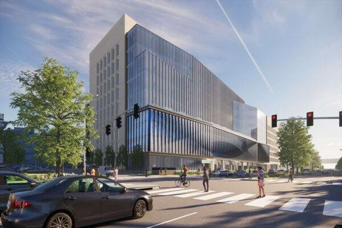 An artist’s rendering shows a potential exterior design of a planned nine-story, 659,000-square-foot facility for Siteman Cancer Center patients on the Washington University Medical Campus. Most outpatient cancer care on the campus will be moved to the new building, which is slated to open in summer 2024. The project will not affect care provided at Siteman’s five satellite locations. Submitted