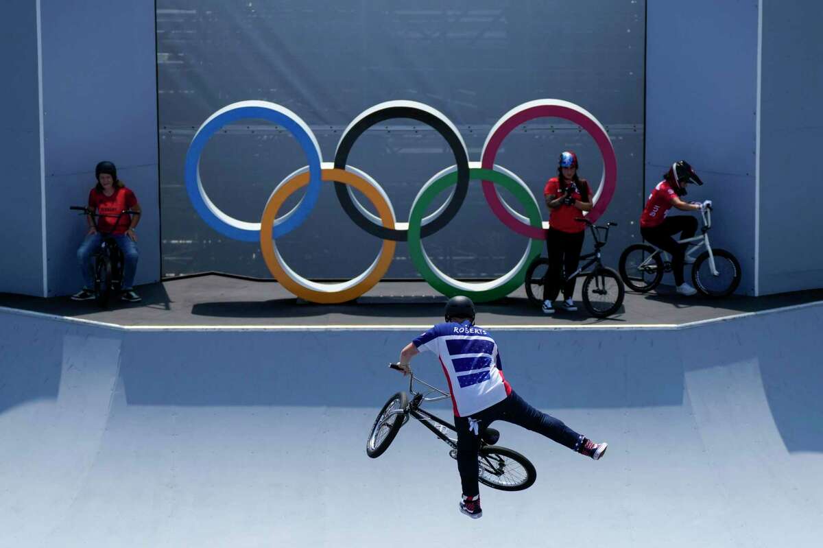 Hannah Roberts of the United States makes a jump during a BMX Freestyle training session at the 2020 Summer Olympics, Wednesday, July 28, 2021, in Tokyo, Japan. (AP Photo/Ben Curtis)