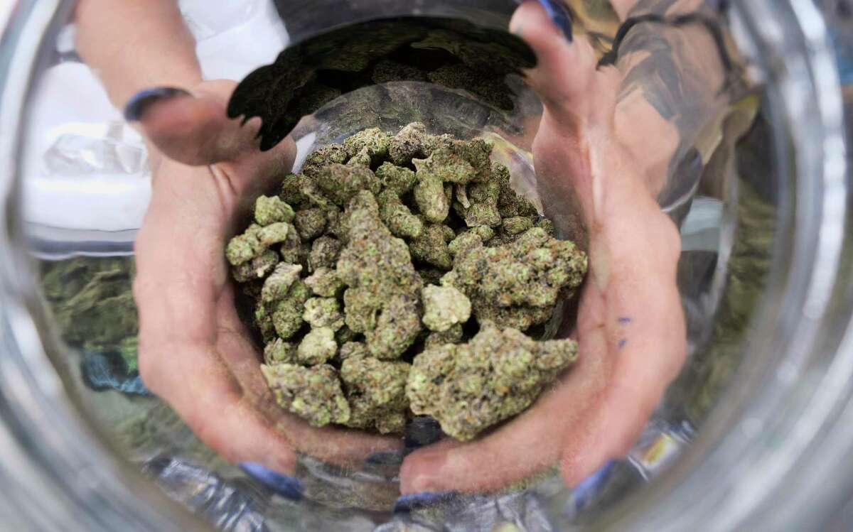 In this file photo a bud tender displays a jar of cannabis. San Francisco is offering free cannabis to adults who receive a first or second shot of a COVID-19 vaccine.