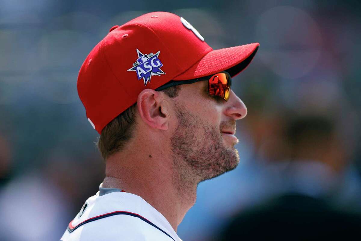 DENVER, COLORADO - JULY 12: Max Scherzer #31 of the Washington Nationals looks on during the Gatorade All-Star Workout Day at Coors Field on July 12, 2021 in Denver, Colorado. (Photo by Justin Edmonds/Getty Images)