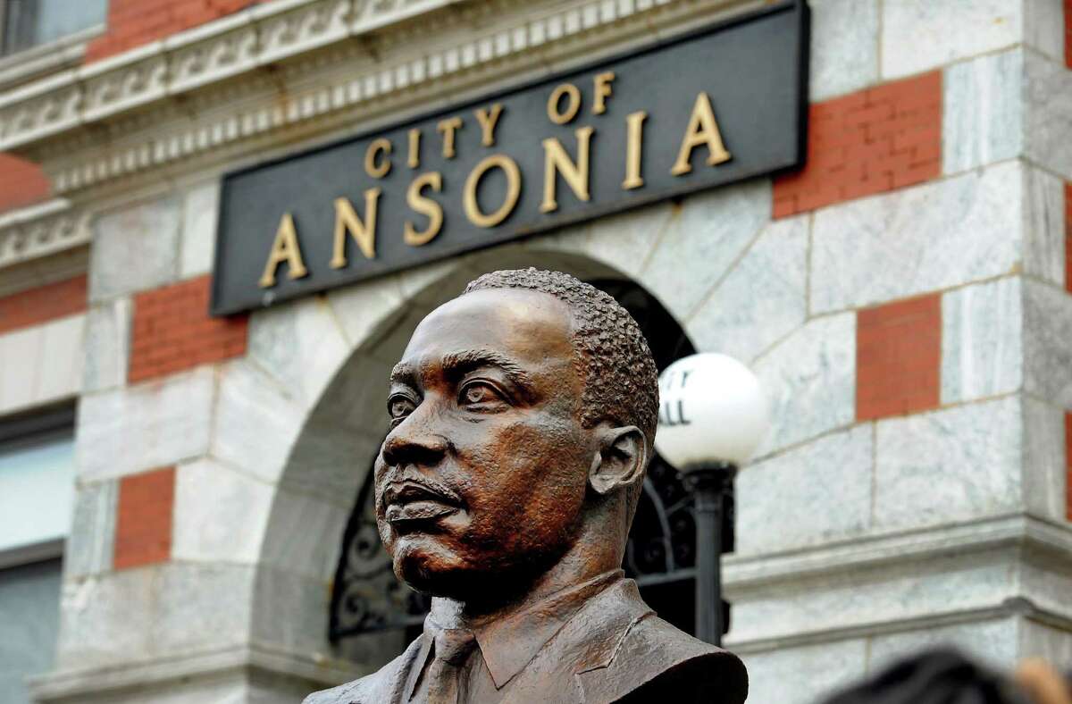 The bust of Martin Luther King Jr. which was created by sculptor Vasil Rakaj was unveiled in front of Ansonia City Hall in Ansonia, Conn., on Saturday May 4, 2019.
