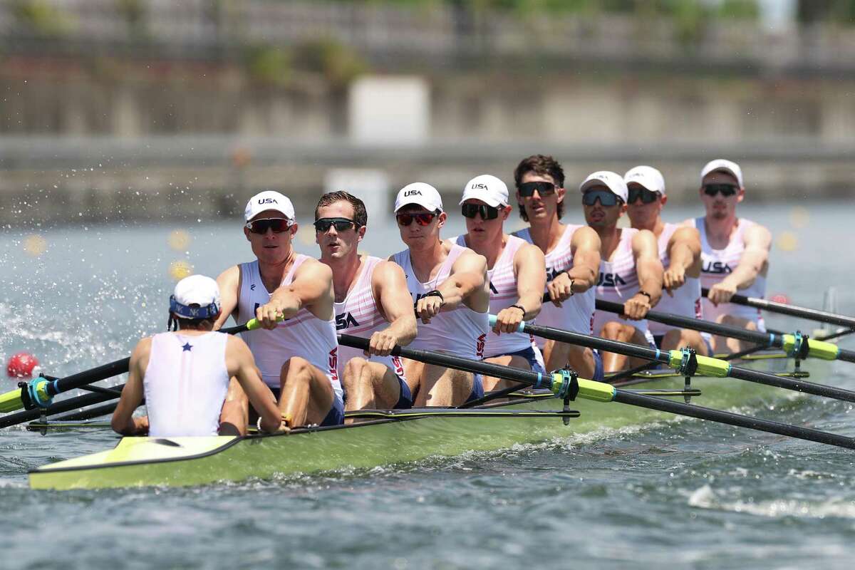 Julian Venonsky, Liam Corrigan, John Harrity, Nicholas Mead, Alexander Richards, Austin Hack, Daniel Miklasevich, Justin Best and Benjamin Davison of Team United States compete during the Men’s Eight Heat at the Tokyo 2020 Olympic Games at Sea Forest Waterway last Friday in Tokyo.
