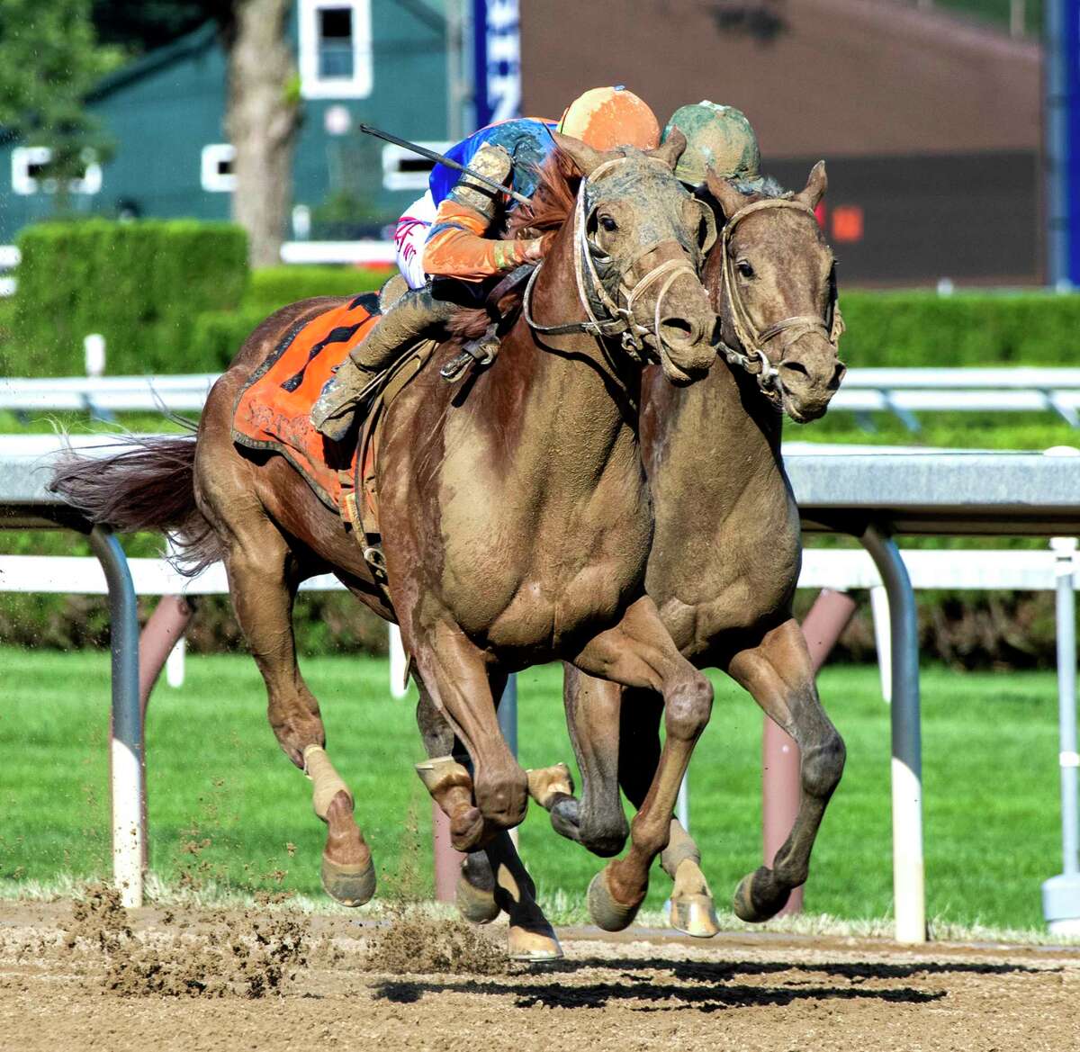 Irad Ortiz Jr. on Dynamic One holds off Miles D to win the 12th running of the The Curlin at The Saratoga Race Course Friday July 30, 2021 in Saratoga Springs, N.Y. Photo special to the Times Union by Skip Dickstein
