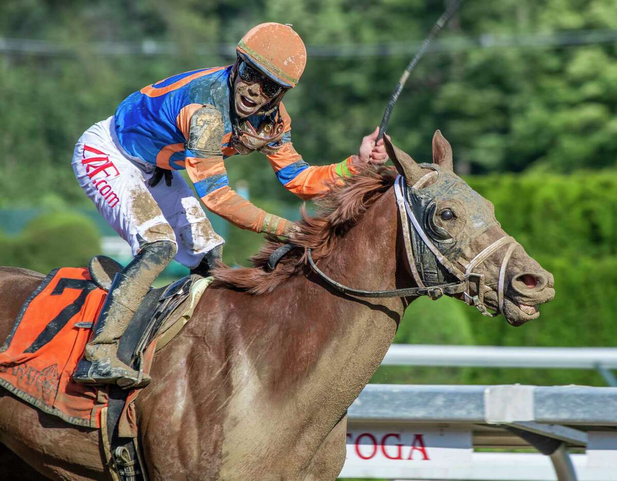 Irad Ortiz Jr. is jublient on Dynamic One after winning the 12th running of the The Curlin at The Saratoga Race Course Friday July 30, 2021 in Saratoga Springs, N.Y. Photo special to the Times Union by Skip Dickstein