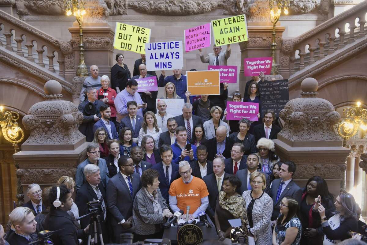 Child sex-abuse survivors, advocates and members of the Assembly and Senate celebrate the passage of the Child Victims Act at the Capitol in 2019. Its successor, the Adult Survivors Act, has garnered relatively little attention since it first opened in late November.