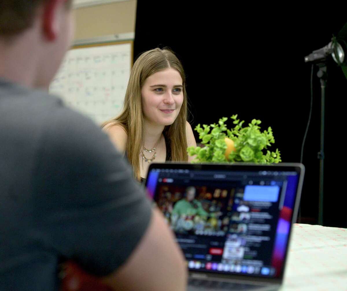 Annabelle Colonna, of New Milford, during a production meeting for the video production groups podcast, at the New Milford Youth Agency, Thursday, July 29, 2021, New Milford, Conn.
