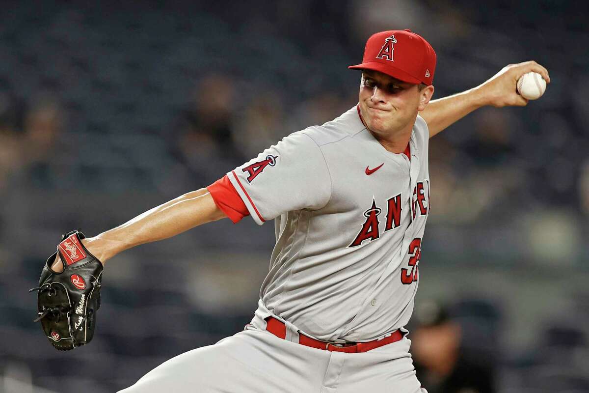 Los Angeles Angels relief pitcher Tony Watson delivers a pitch during the fifth inning of a baseball game against the New York Yankees on Wednesday, June 30, 2021, in New York. (AP Photo/Adam Hunger)