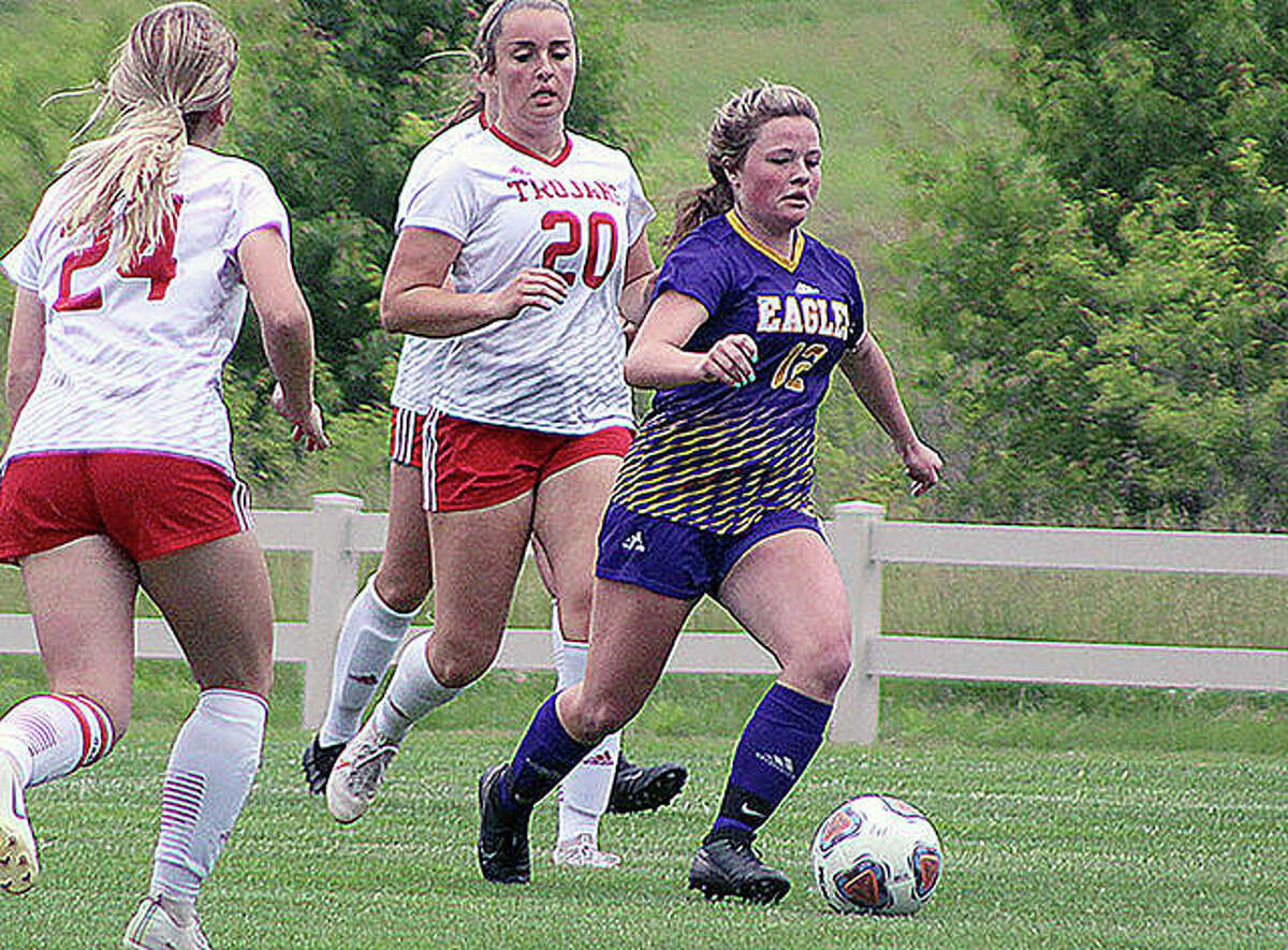 Aubree Wallace of Civic Memorial moves the ball against Charleston in an IHSA Class 2A sub-sectional first-round game at the Bethalto Sports Complex. Wallace scored three goals in her team’s 7-0 victory. She finished the season with 20 goals and is The Telegraph’s Large Schools Girls Soccer Player of the Year.