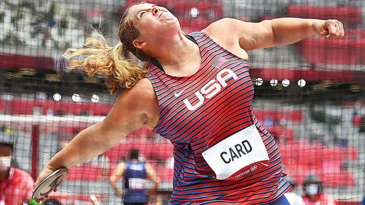 Kelsey Card throws the discus during competition Friday at the Tokyo Summer Olympics. The Tokyo Games are the second consecutive Olympics for Card, a 2011 graduate of Carlinville High School, who went on the star at the University of Wisconsin.