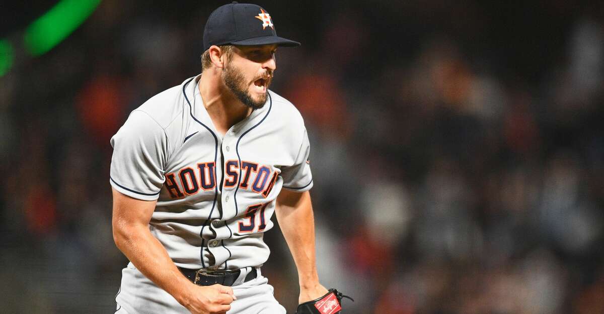 Houston Astros pitcher Kendall Graveman (31) pumps his fist and lets out a scream after a strike out during a MLB game between the Houston Astros and the San Francisco Giants on July 30, 2021 at Oracle Park in San Francisco, CA. (Photo by Brian Rothmuller/Icon Sportswire via Getty Images)