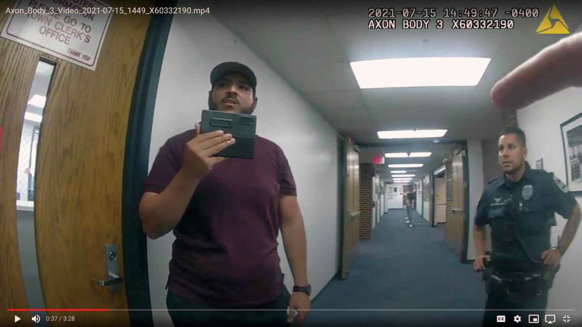 Footage from Danbury police’s body cameras show police responding to YouTuber SeanPaul Reyes’ attempts to film inside Danbury City Hall on July 15. He was charged with criminal trespass and breach of peace.