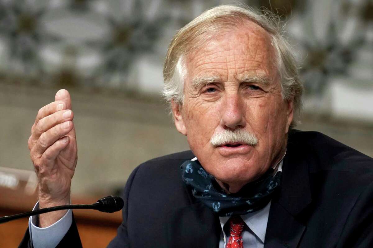 In this May 6, 2020 photo, Sen. Angus King, I-Maine, asks questions during a committee hearing.