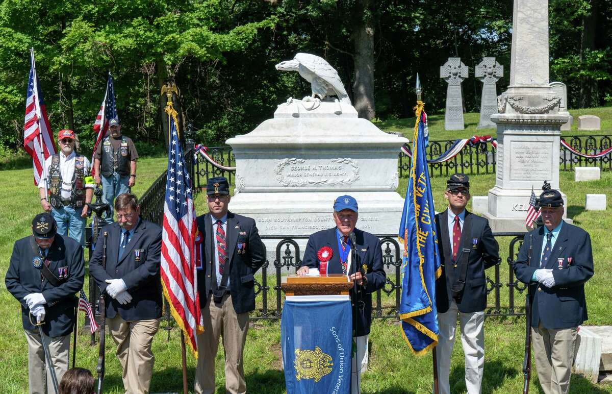 Tom Maggs, chair of the Oakwood Cemetery Board of Directors and a member of the Sons of the Union Veterans of the Civil War, speaks during a rededication of the Maj. Gen. George Thomas grave and the Kellogg family plot at Oakwood Cemetery in Troy, NY, on Saturday, July 31, 2021. (Jim Franco/Special to the Times Union)