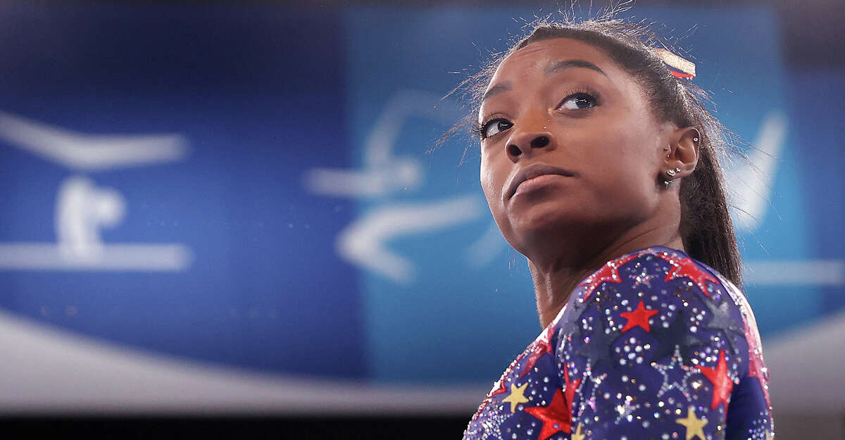 Simone Biles of Team United States looks on during Women's Qualification on day two of the Tokyo 2020 Olympic Games at Ariake Gymnastics Centre on Sunday, July 25, 2021 in Tokyo, Japan. (Laurence Griffiths/Getty Images/TNS)