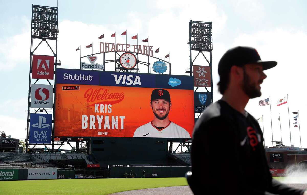 San Francisco Giants’ Kris Bryant, recently acquired in a trade with the Chicago Cubs, is interviewed before his first game with the franchise at Oracle Park.