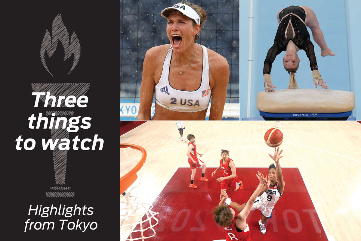 Clockwise, from top left: Alix Klineman, Jade Carey and A’ja Wilson highlight Olympic action. 