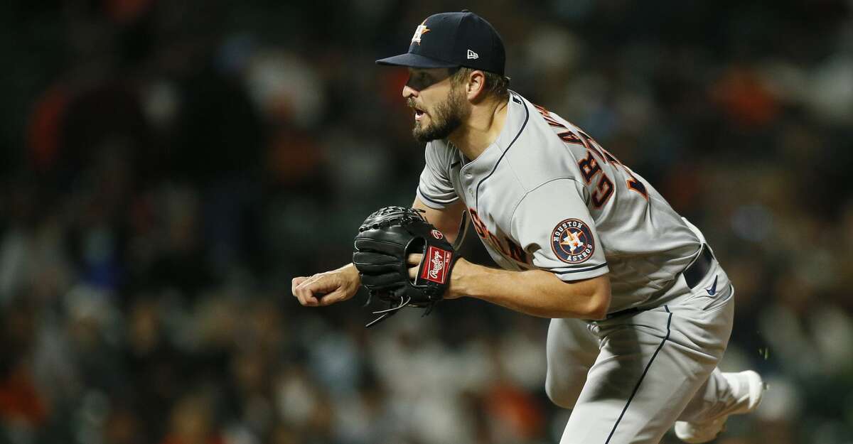 Houston Astros relief pitcher Kendall Graveman (31) in the eighth inning during an MLB game against the San Francisco Giants at Oracle Park, Friday, July 30, 2021, in San Francisco, Calif.
