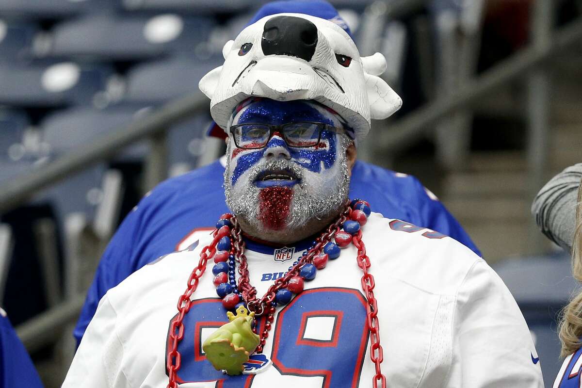 A Buffalo Bills fan looks on during warm ups before the AFC Wild Card Playoff game against the Houston Texans at NRG Stadium on January 04, 2020 in Houston, Texas. (Photo by Bob Levey/Getty Images)
