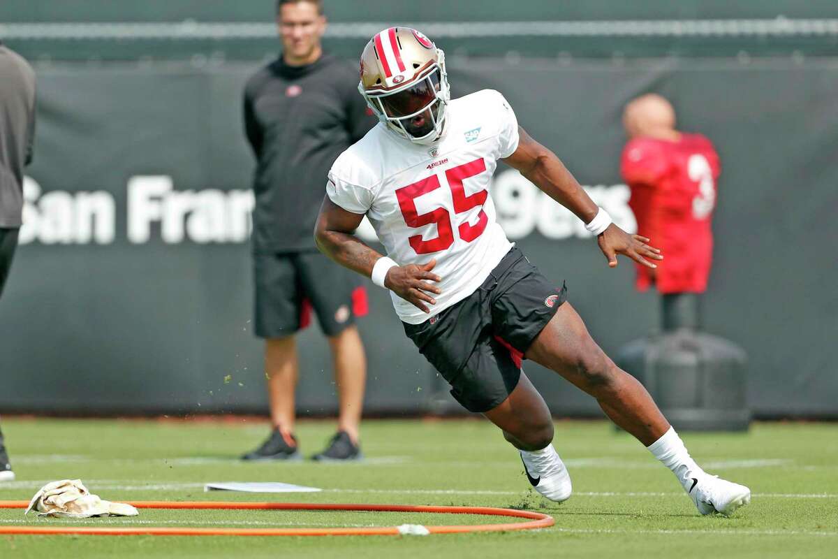 49ers defensive lineman Dee Ford takes part in drills during training camp at Levi’s Stadium on Wednesday. On Monday, Ford participated in his first full practice in nearly 11 months.