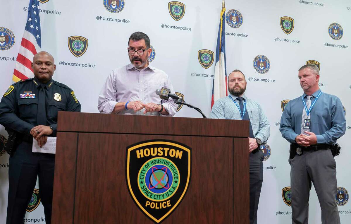 Paul Castro speaks during a press conference announcing the arrest of Gerald Williams, 34, who was wanted on a murder charge for the death of Castro's 17-year-old son, David Castro, at Houston Police Department headquarters in downtown Houston, Monday, Aug. 2, 2021. Castro was killed July 6 during a road rage incident that belong after an Astros game and extended onto Interstate 10.