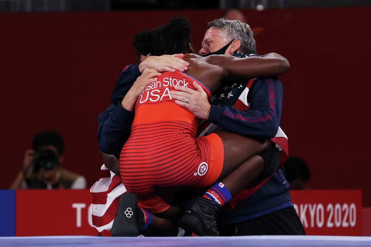CHIBA, JAPAN - AUGUST 03: Tamyra Marianna Stock Mensah of Team United States celebrates defeating Blessing Oborududu of Team Nigeria during the Women's Freestyle 68kg Gold Medal Match on day eleven of the Tokyo 2020 Olympic Games at Makuhari Messe Hall on August 03, 2021 in Chiba, Japan.