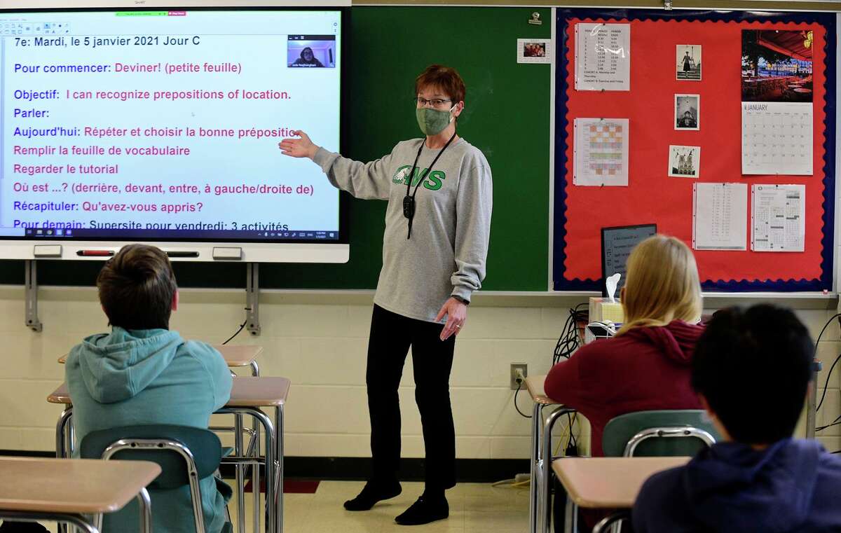 Coleytown Middle School French teacher Sharon Gardener instructs her class at the newly renovated school on Tuesday, January 5, 2021, in Westport, Conn.