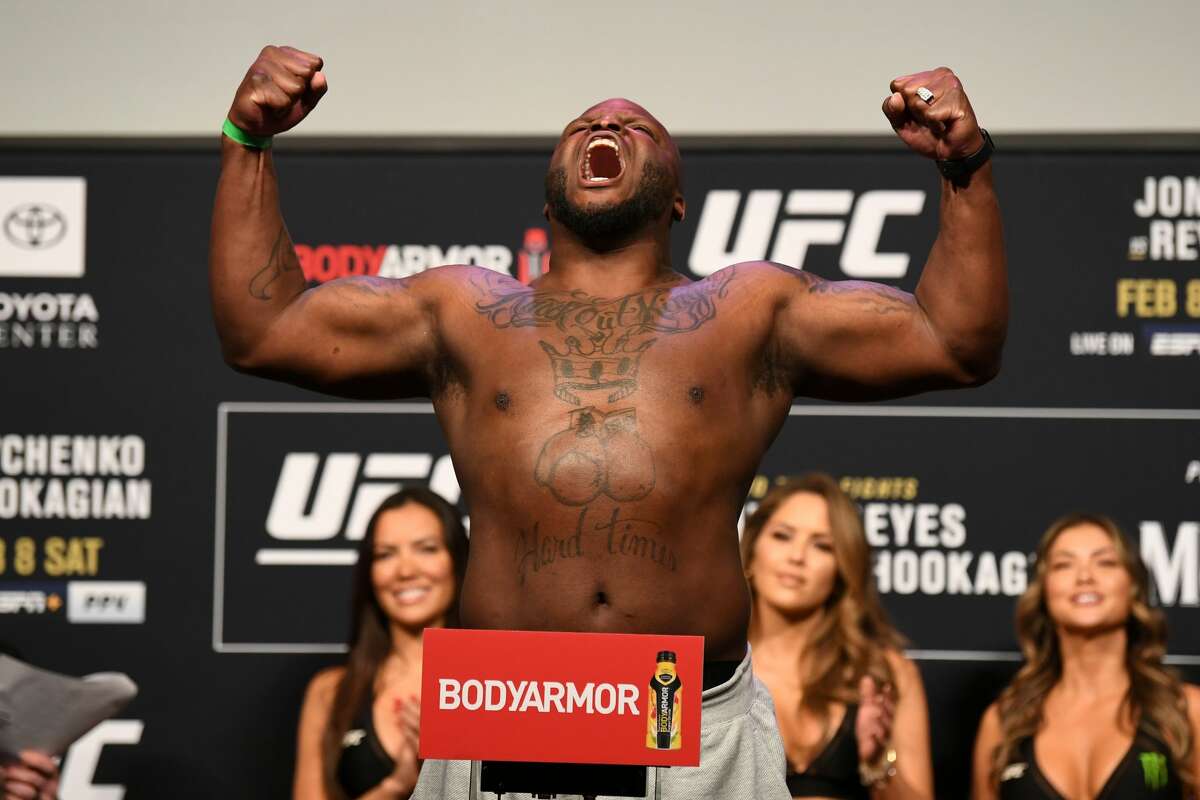 Derrick Lewis poses on the scale during the UFC 247 ceremonial weigh-in at the Toyota Center on February 7, 2020 in Houston, Texas. (Photo by Josh Hedges/Zuffa LLC via Getty Images)