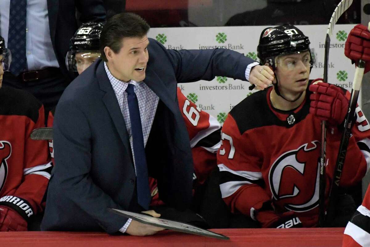 Then Devils assistant coach Rick Kowalsky talks to the team during a time out against the Florida Panthers on Feb. 11, 2020 in Newark, N.J. Kowalsky has been hired as an assitstant by the Bridgeport Islanders.
