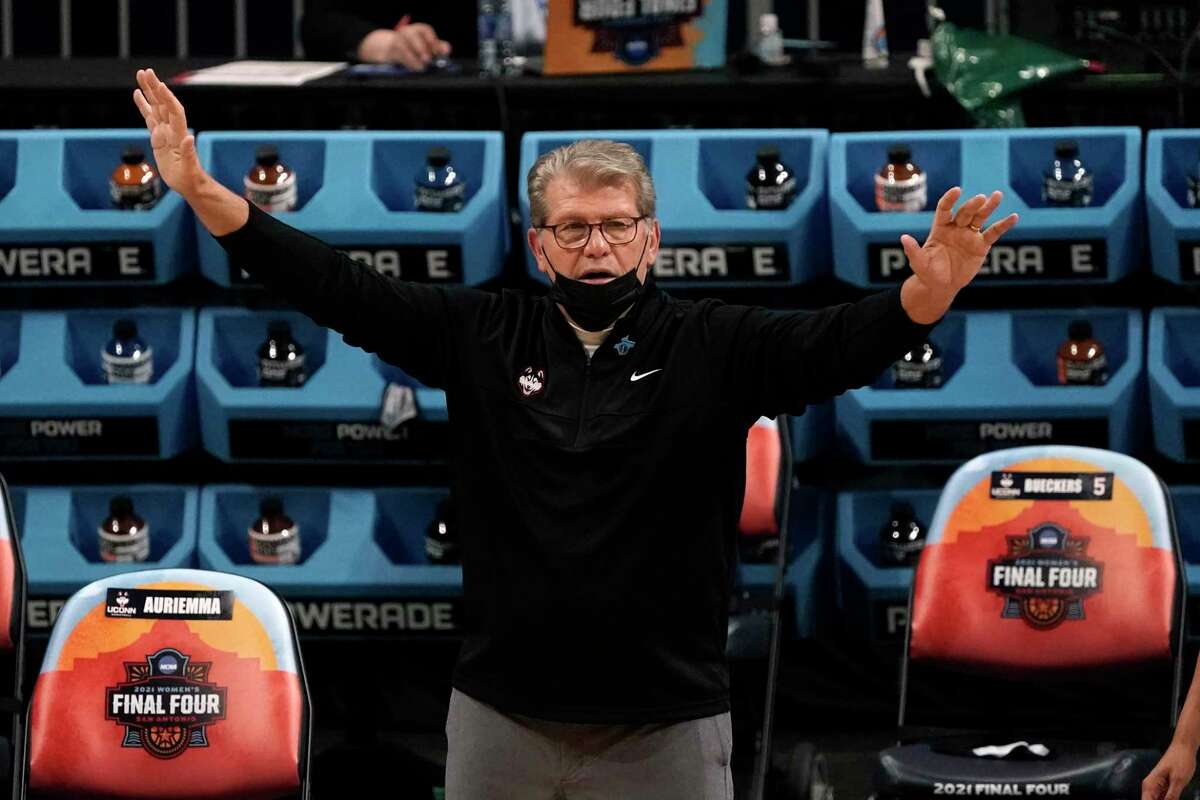 UConn coach Geno Auriemma reacts on the sideline during the first half of a women’s Final Four NCAA tournament semifinal game against Arizona on April 2, 2021, at the Alamodome in San Antonio.