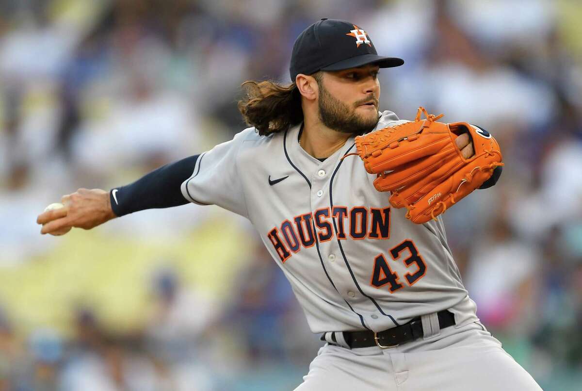 Lance McCullers Jr. #43 of the Houston Astros pitches in the third
