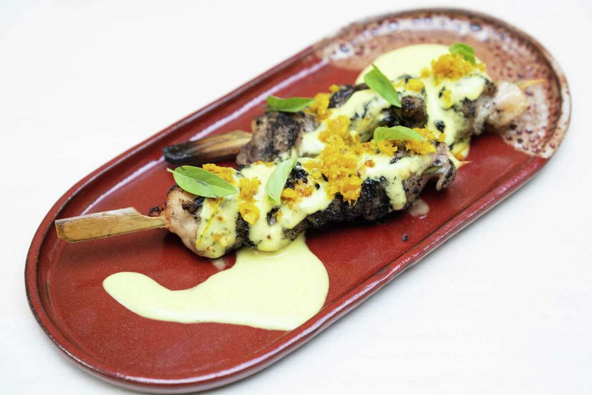 Pyanggang chicken in Abacá. Chef Francis Ang transformed the classic braised dish into a grilled skewer.