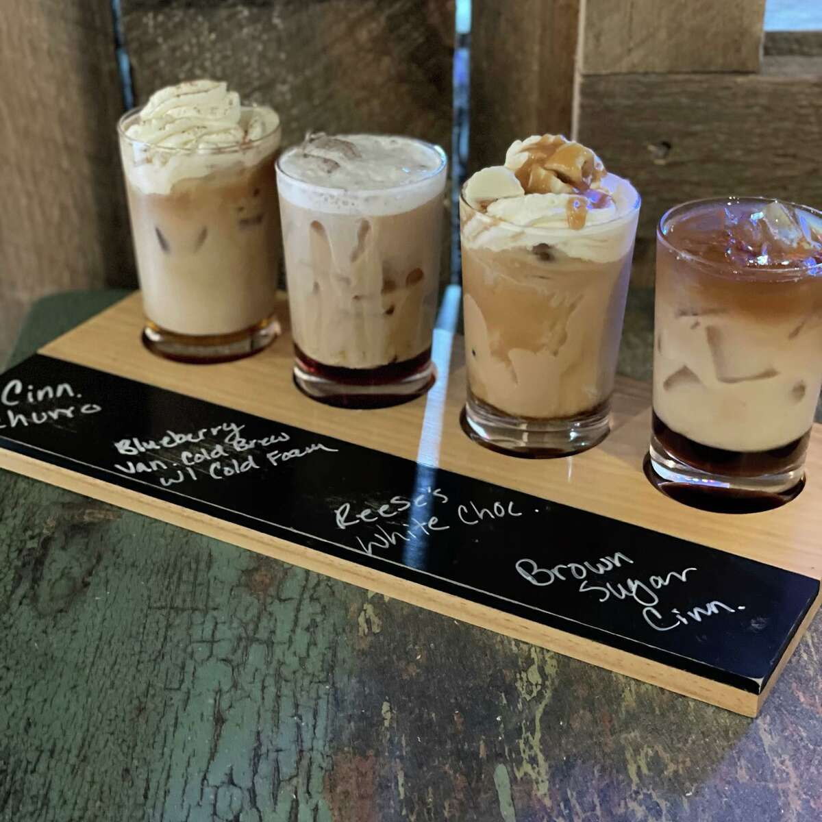 A flight of iced coffees at TJ's Burritos