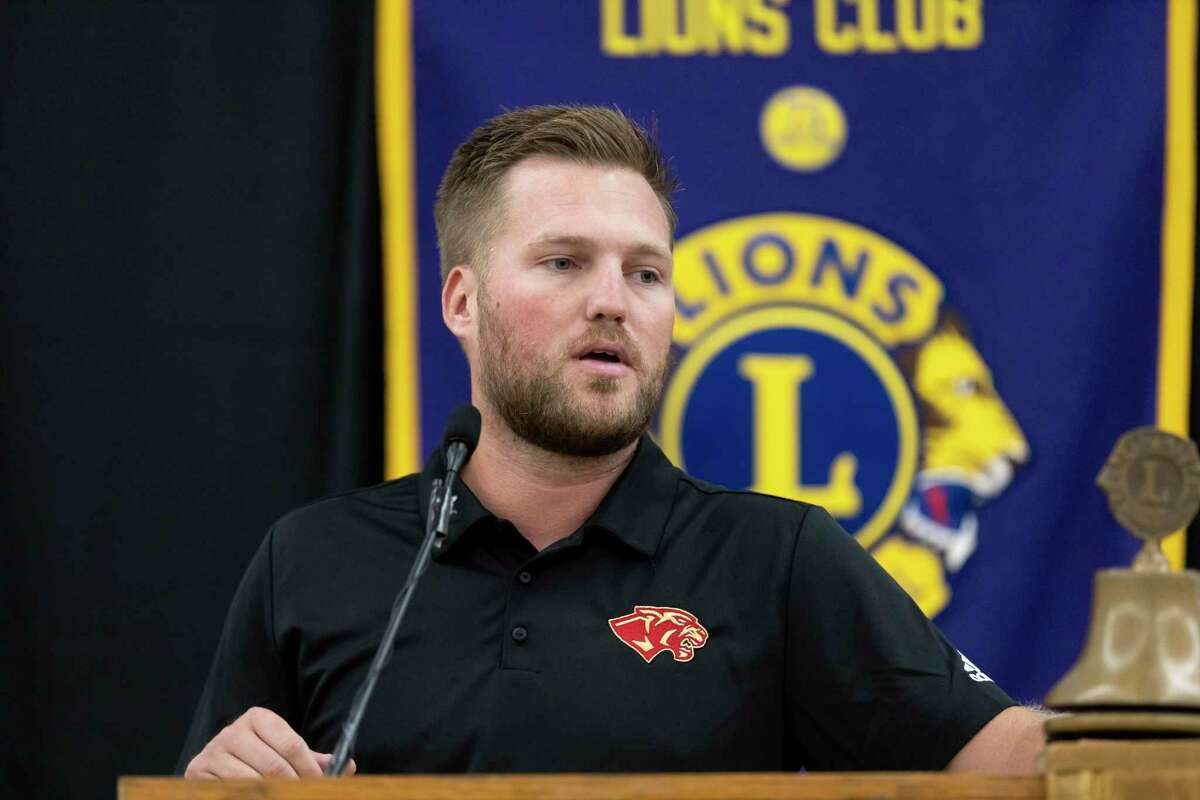 Caney Creek High School head football coach Kendall Hineman speaks during the 45th annual Conroe Noon Lions Club Pigskin Preview at the Lone Star Convention Center, Wednesday, August 4, 2021, in Conroe.