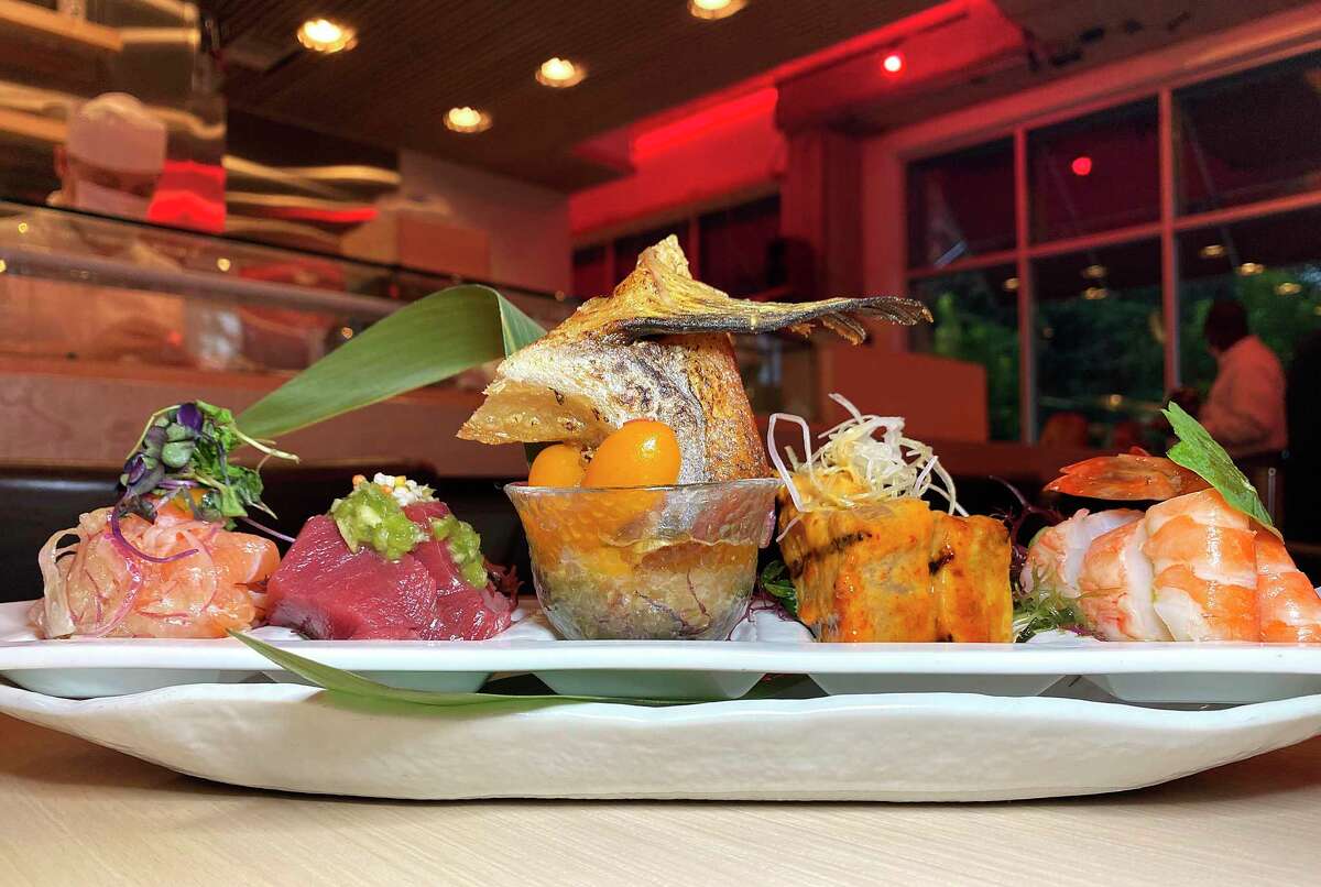 Sashimi tapas at Shiro Japanese Bistro on the River Walk might include, from left, lomi salmon, akami and chutoro bluefin tuna, fried hamachi collar, barbecued miso albacore tuna and sous vide lobster and shrimp.