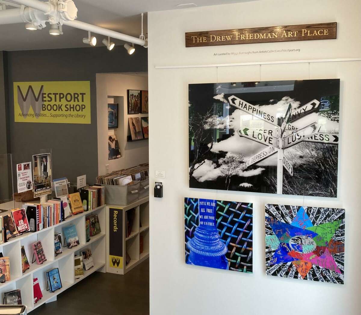 Aritist Joanie Landau is the Westport Book Shop’s guest art exhibitor for the month of August, at the nonprofit used book store’s Drew Friedman Art Place in the store that is dedicated to exhibiting the work of community artists yearround, and on a rotating basis.
