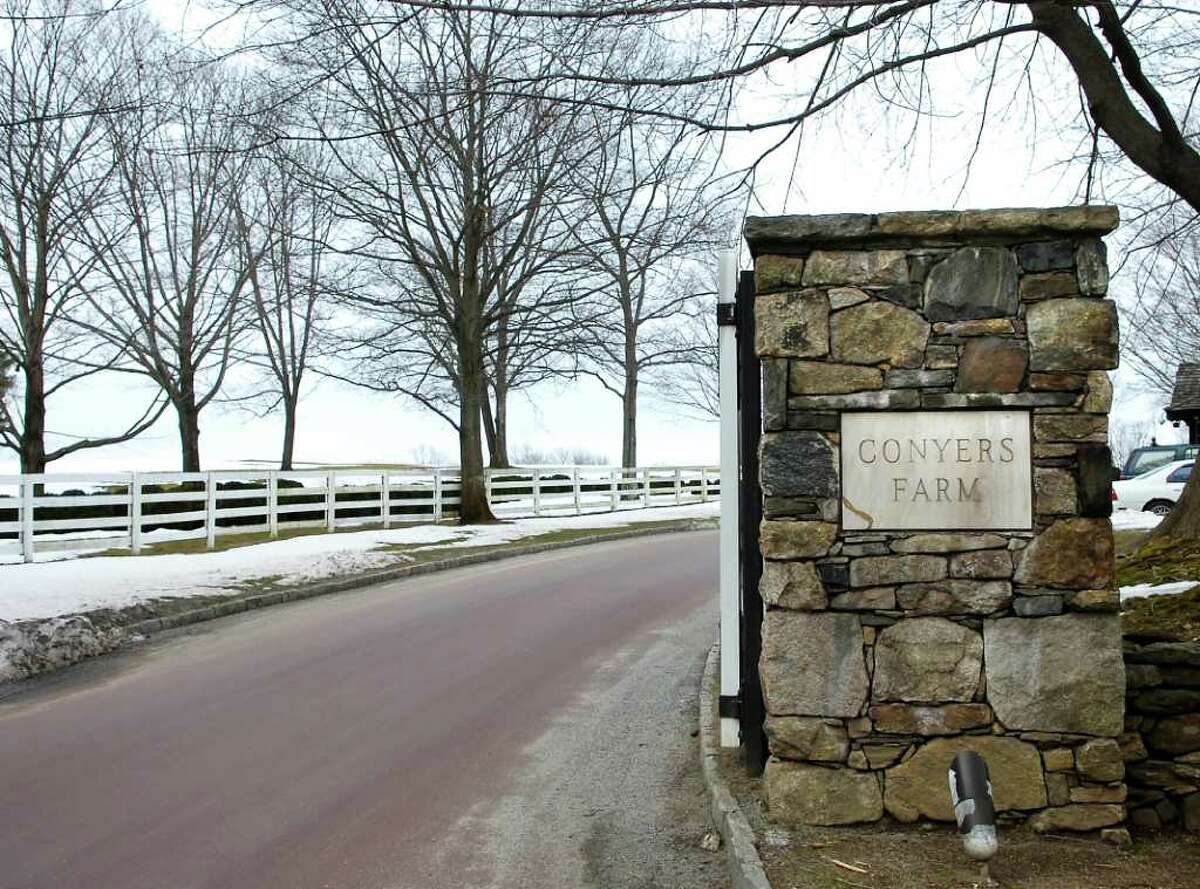 The Conyers Farm entrance to Hurlingham Drive in Greenwich, a private gated community. President Barack Obama is scheduled to attend a Democratic fundraiser there Thursday night.