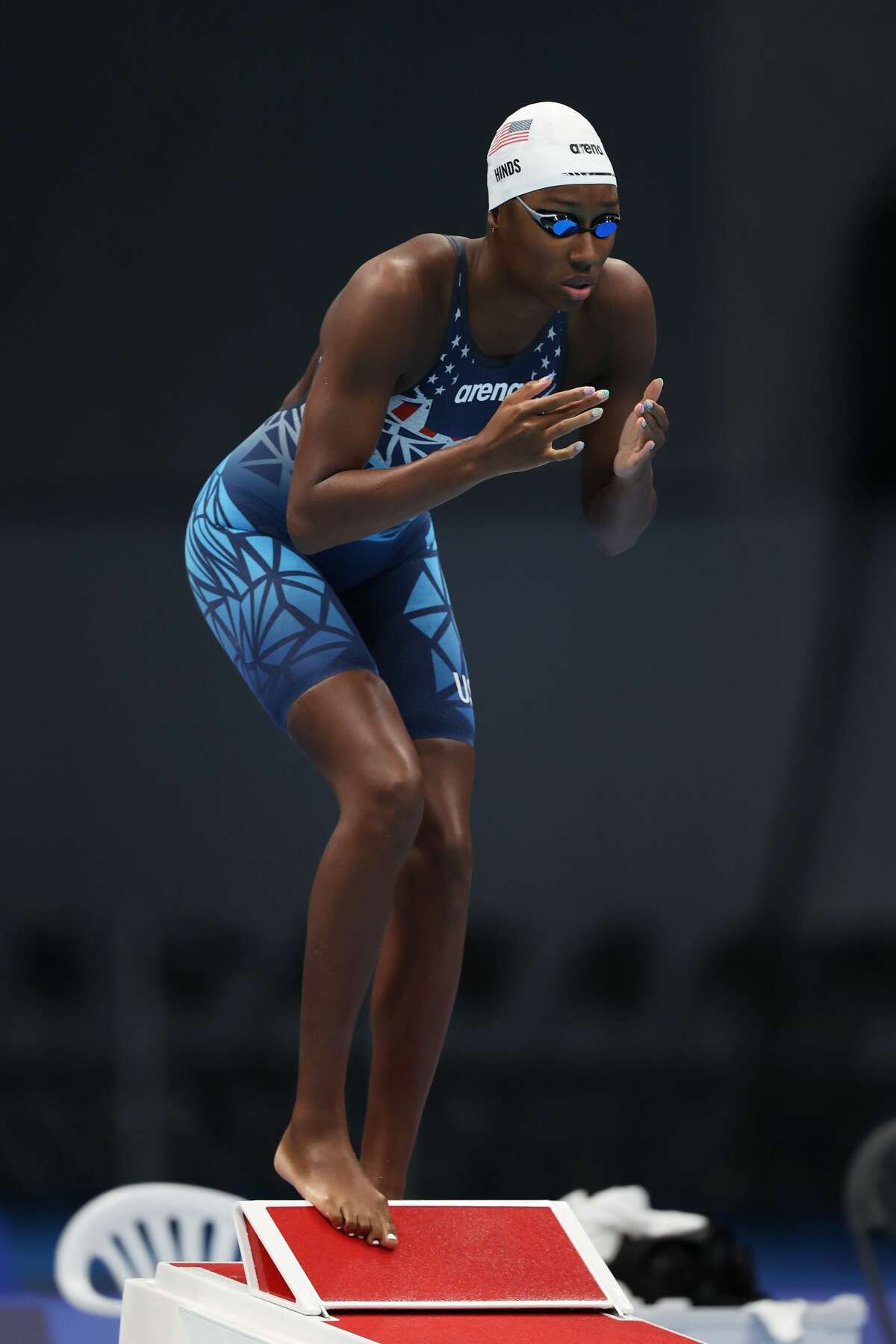Natalie Hinds of Team United States prepares for heat one of the Women's 4 x 100m Freestyle Relay on day one of the Tokyo 2020 Olympic Games at Tokyo Aquatics Centre on July 24, 2021 in Tokyo, Japan. (Photo by Al Bello/Getty Images)